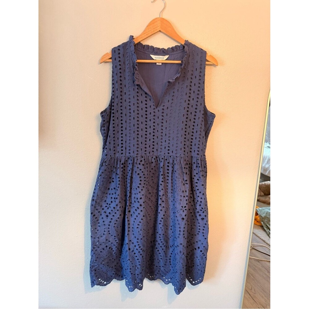 Sundance Navy blue Eyelet lace 100 Cotton dress ruffle neckline